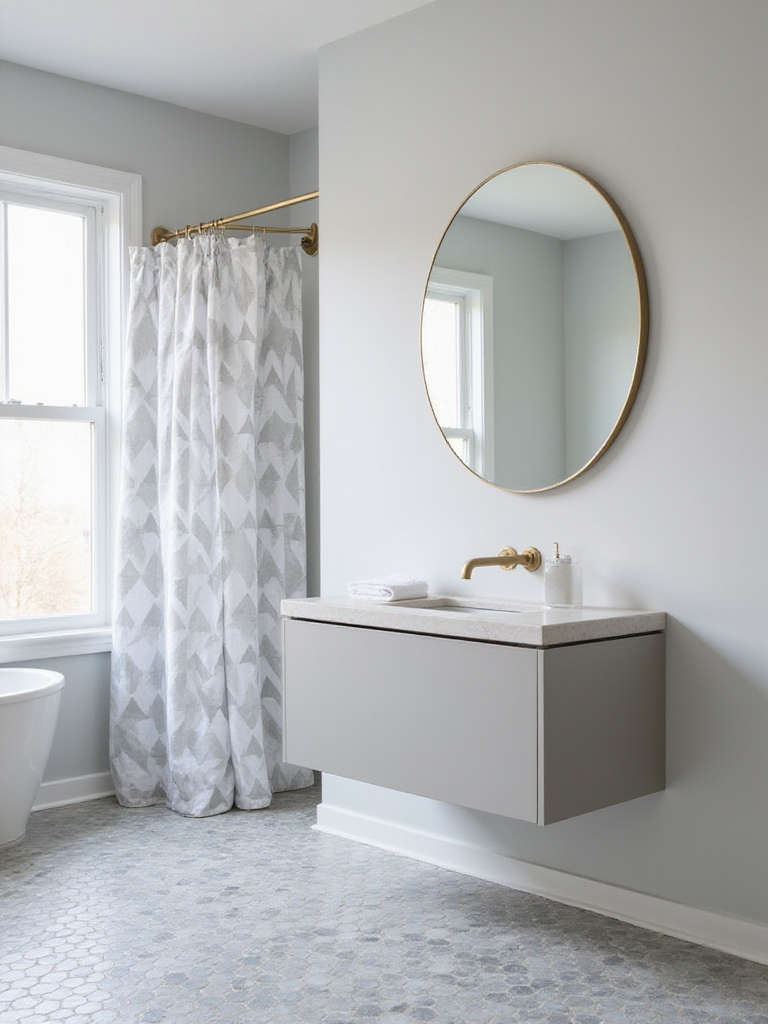 Modern bathroom featuring geometric patterns in tiles and decor