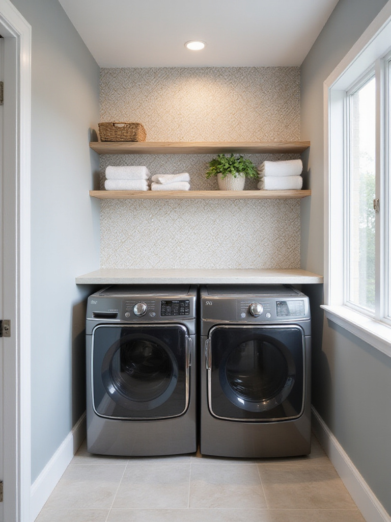 Laundry room with geometric gold metallic wallpaper accent wall