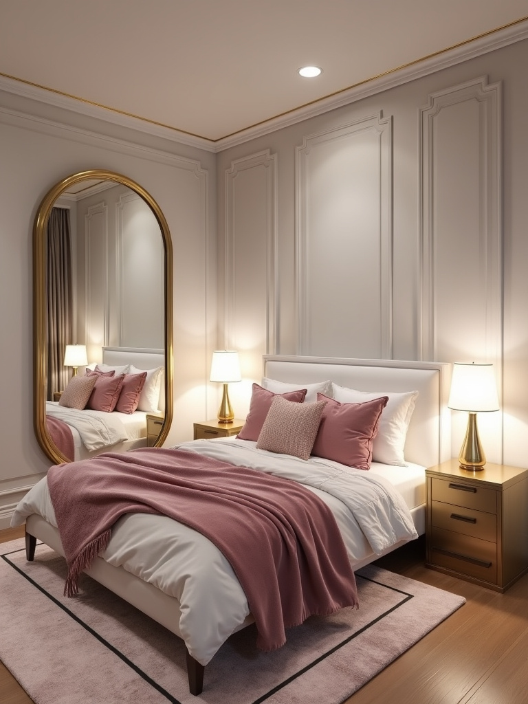 Glamorous teen bedroom with metallic accents, velvet bedding, and sophisticated lighting.