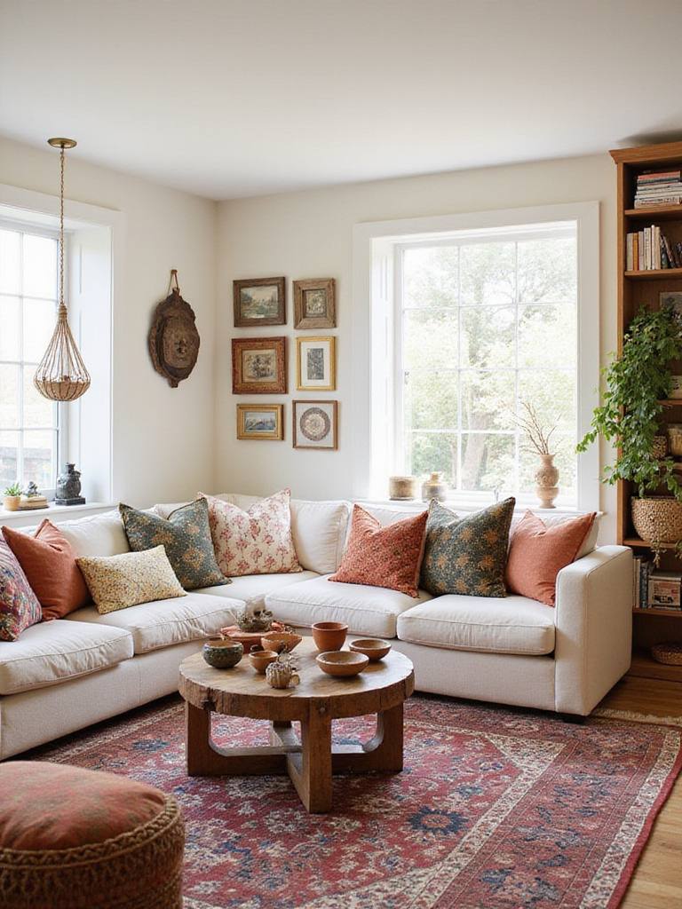 Boho living room with global travel souvenirs displayed on shelves, walls, and tables.