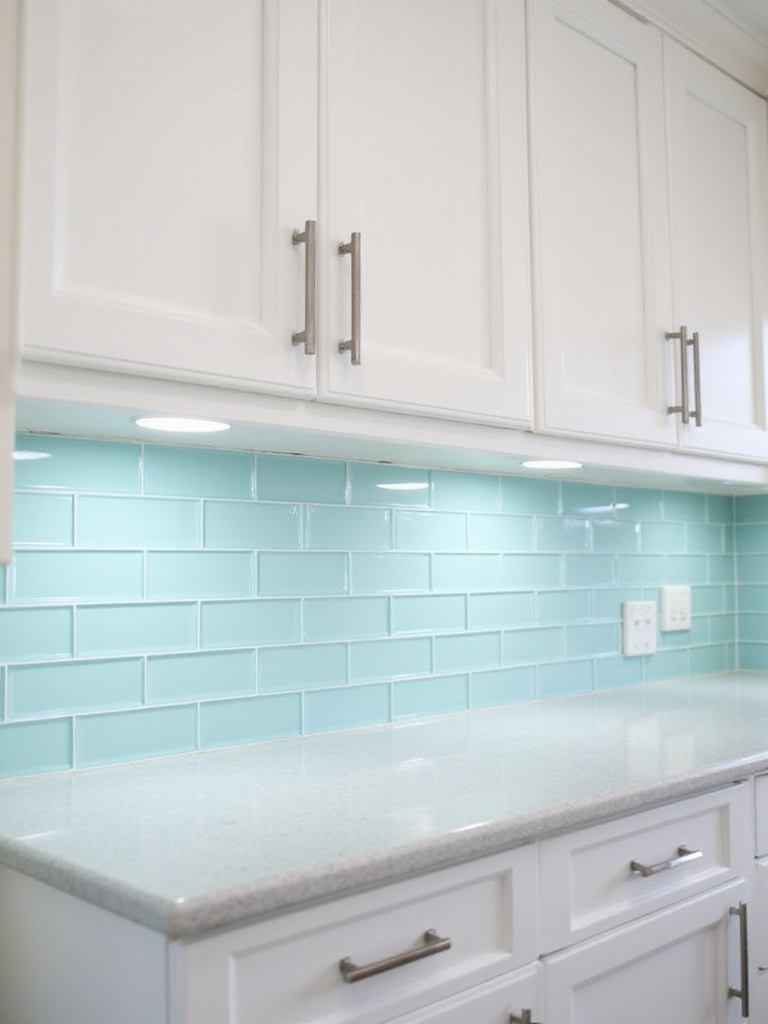 Modern kitchen with light blue glossy glass tile backsplash reflecting light