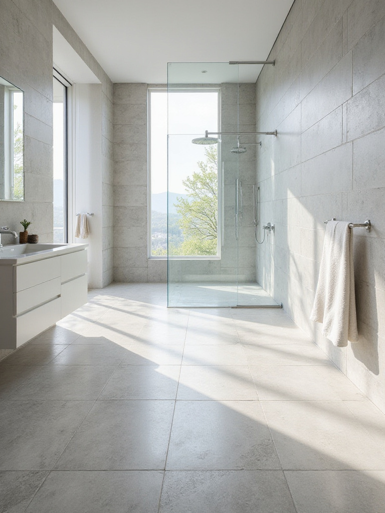 Modern bathroom with large format light gray tiles on walls and floor creating a seamless and spacious design.