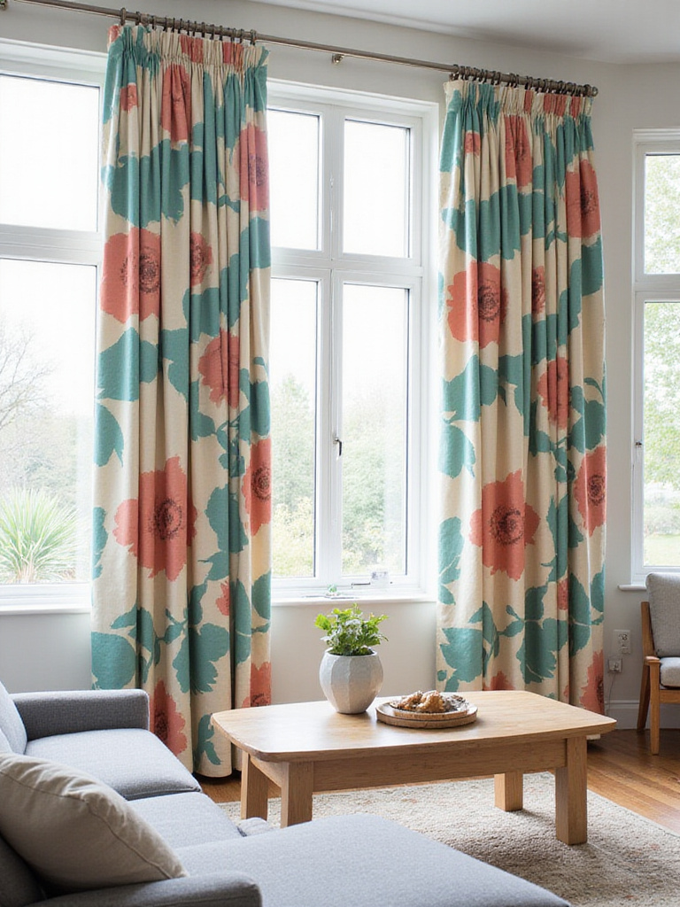 Living room with bold floral patterned curtains in teal, coral, and cream.