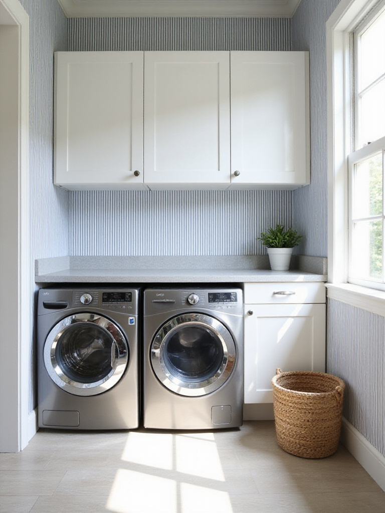 Laundry room with navy and white striped wallpaper and white shaker cabinets.