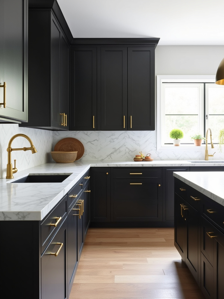 Black kitchen cabinets with gold hardware for a glamorous look