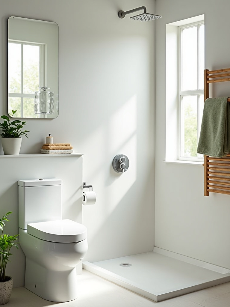 Energy-efficient bathroom fixtures: low-flow toilet, WaterSense showerhead, and LED lighting.