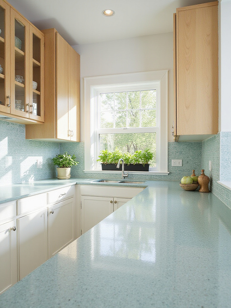 Contemporary kitchen design featuring bamboo cabinetry and recycled glass countertops.