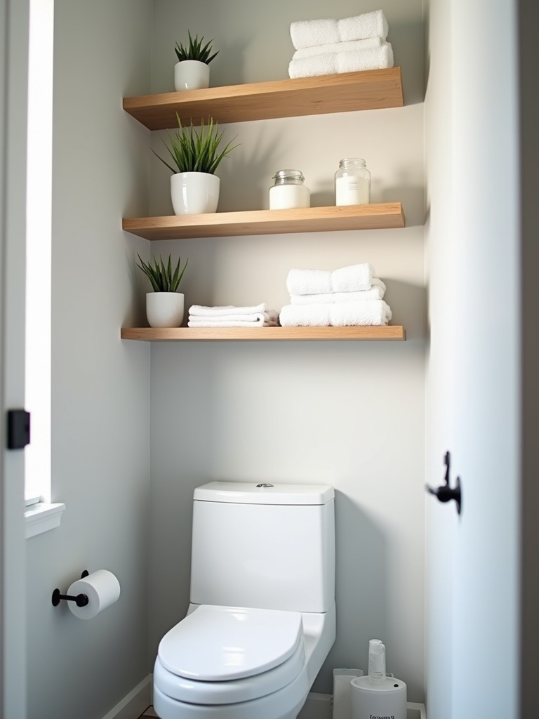 Small bathroom with floating shelves above the toilet for vertical storage