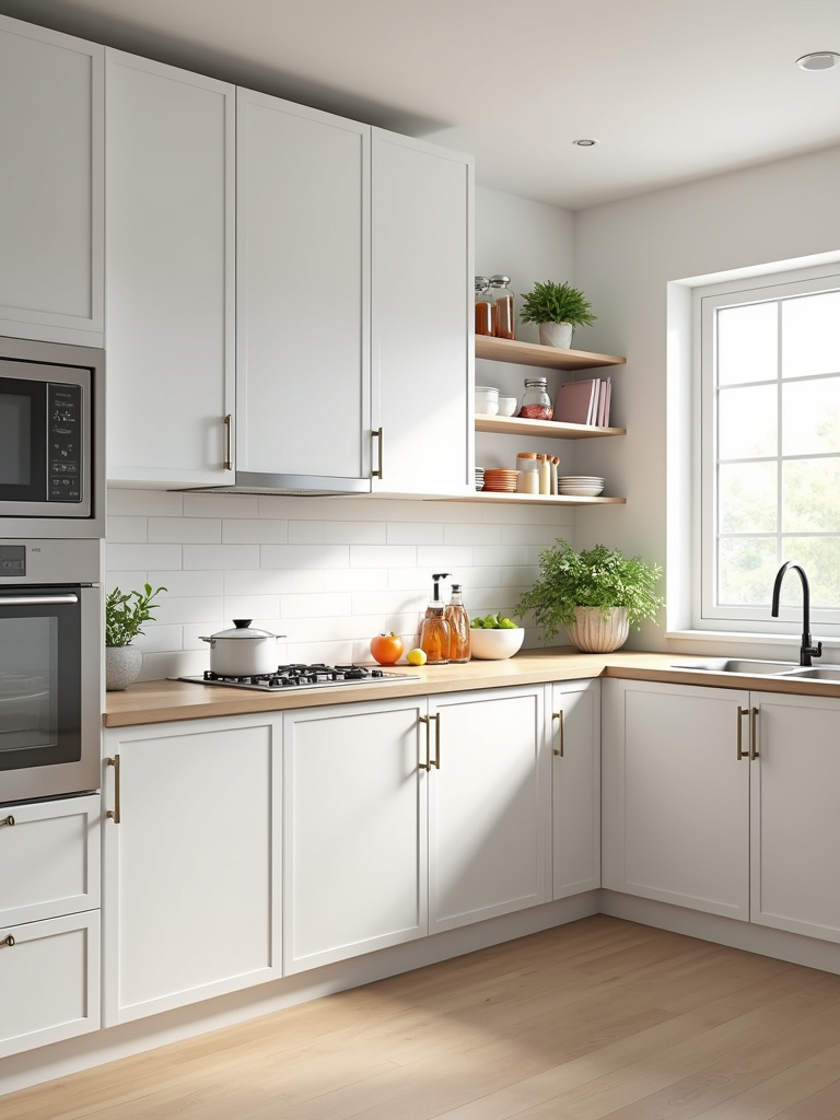 Apartment kitchen featuring tall cabinets, open shelving, and wall-mounted spice rack to maximize vertical storage.