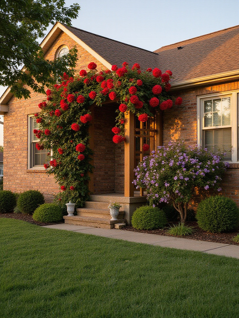Front yard with climbing roses and clematis on trellises adding vertical interest
