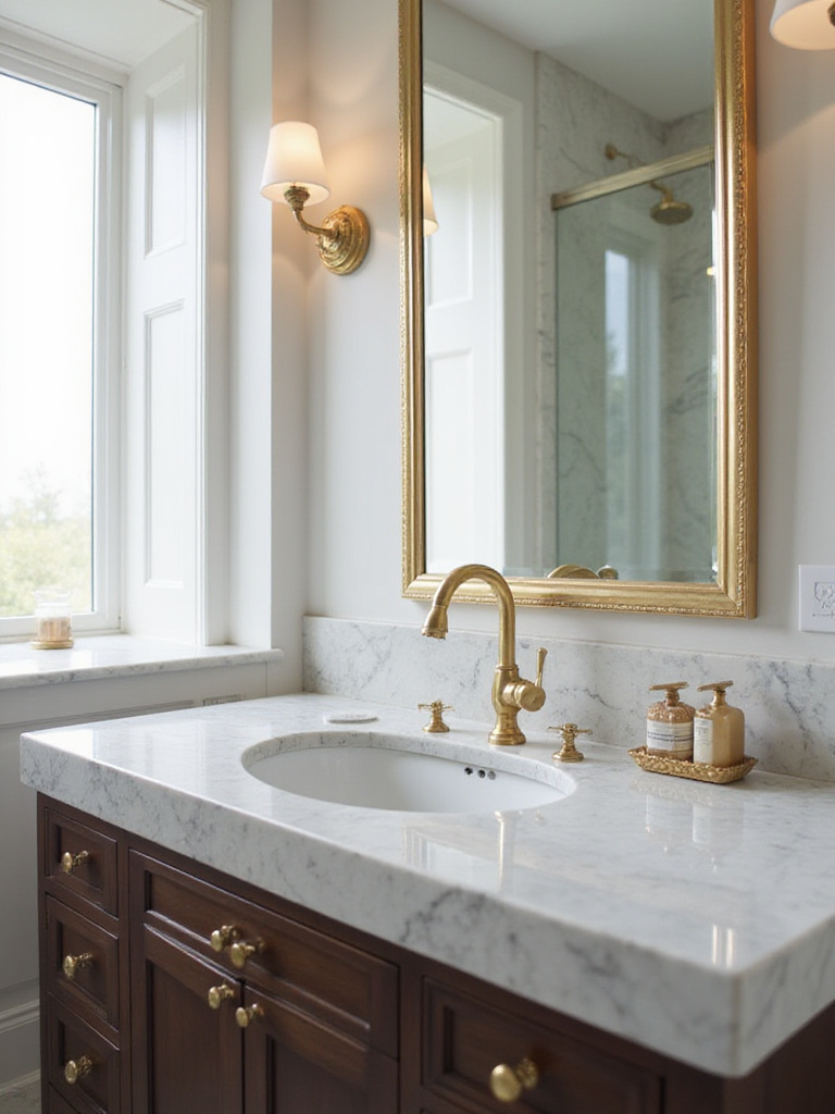 Luxurious bathroom with brass faucet and hardware.