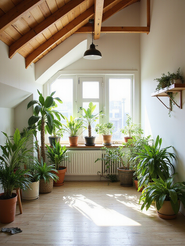 Attic bedroom with exposed beams and a variety of houseplants bringing nature indoors