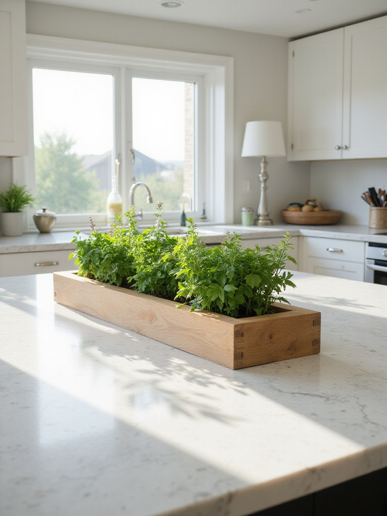 Kitchen island decorated with a planter box filled with fresh herbs.