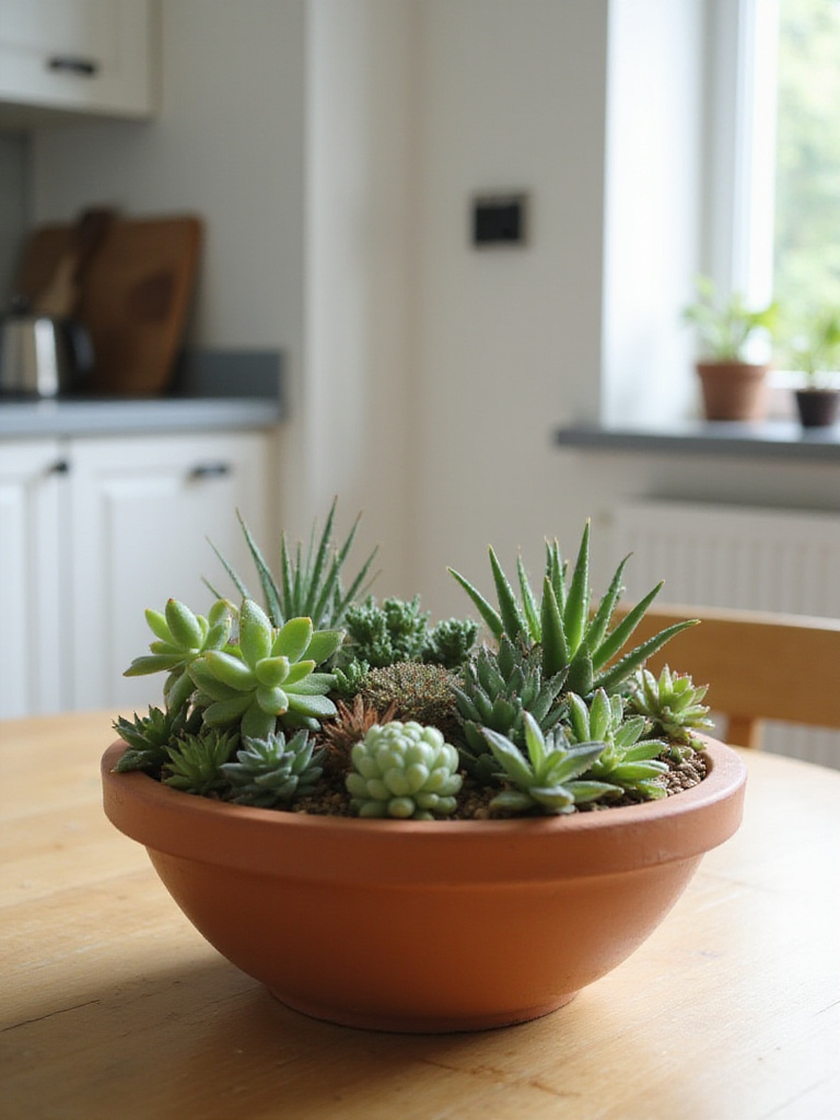 Low-maintenance succulent garden in terracotta pot as a kitchen table centerpiece