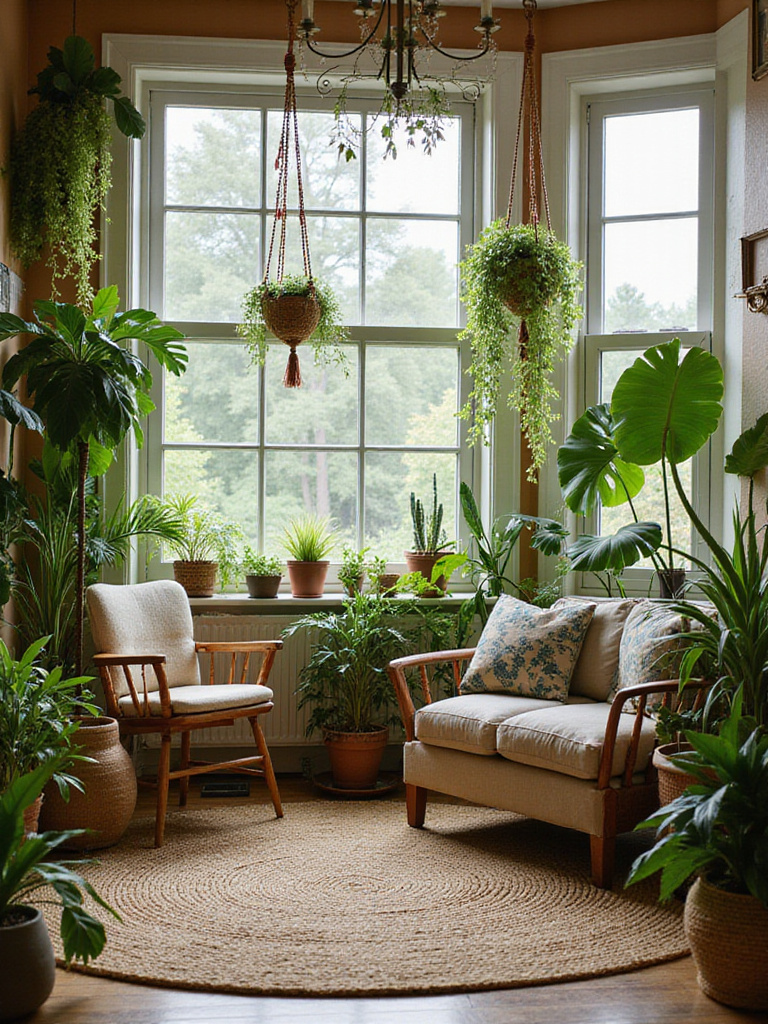 Boho living room filled with lush indoor plants.