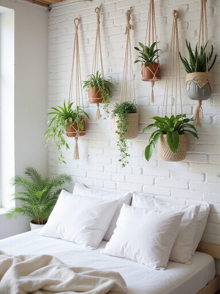 Bedroom wall decor with hanging and mounted plants creating a calming atmosphere