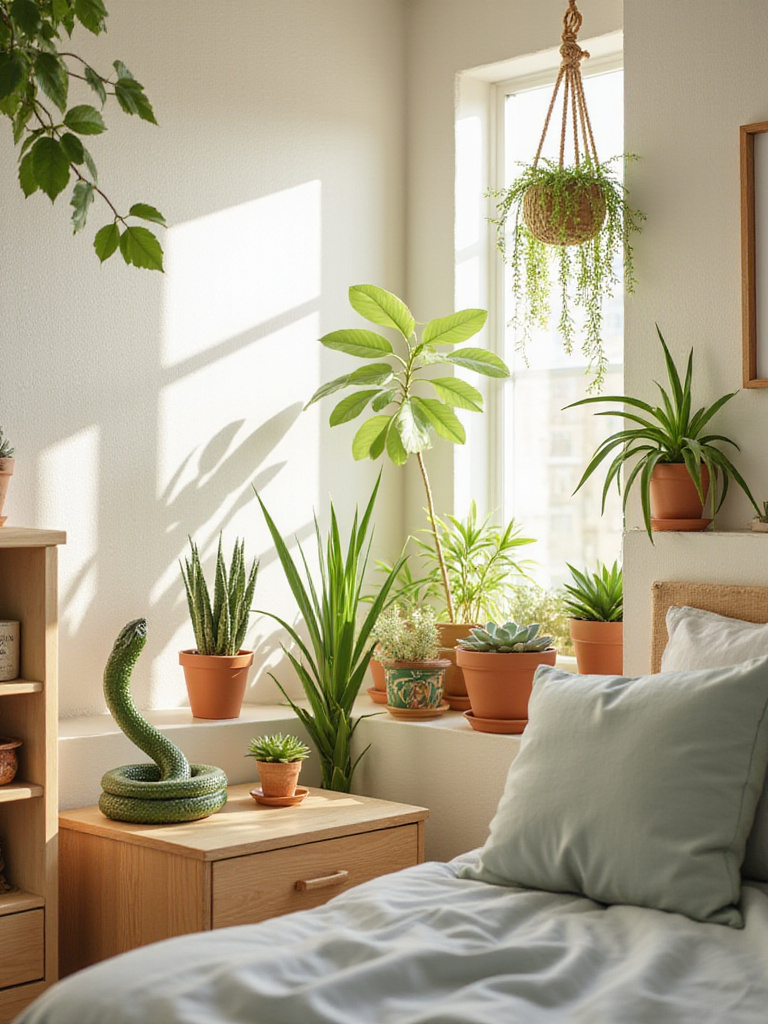 Girl's bedroom corner with snake plant, spider plant, and succulents, creating a calming and fresh atmosphere.