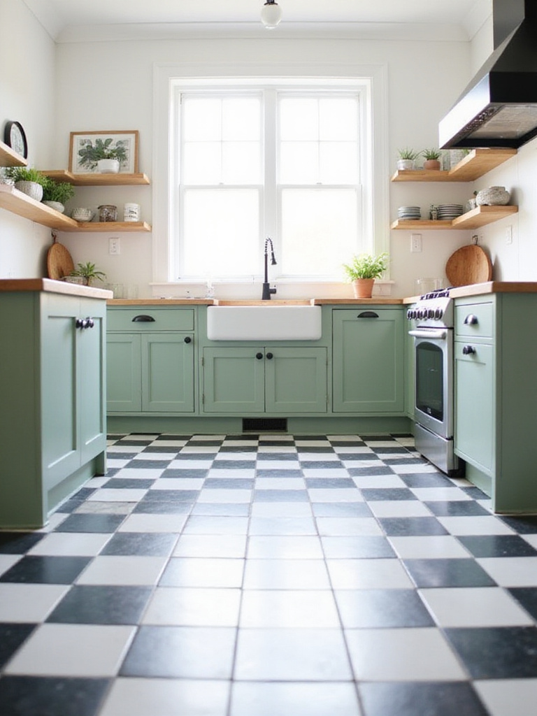 Farmhouse kitchen with black and white checkered tile floor