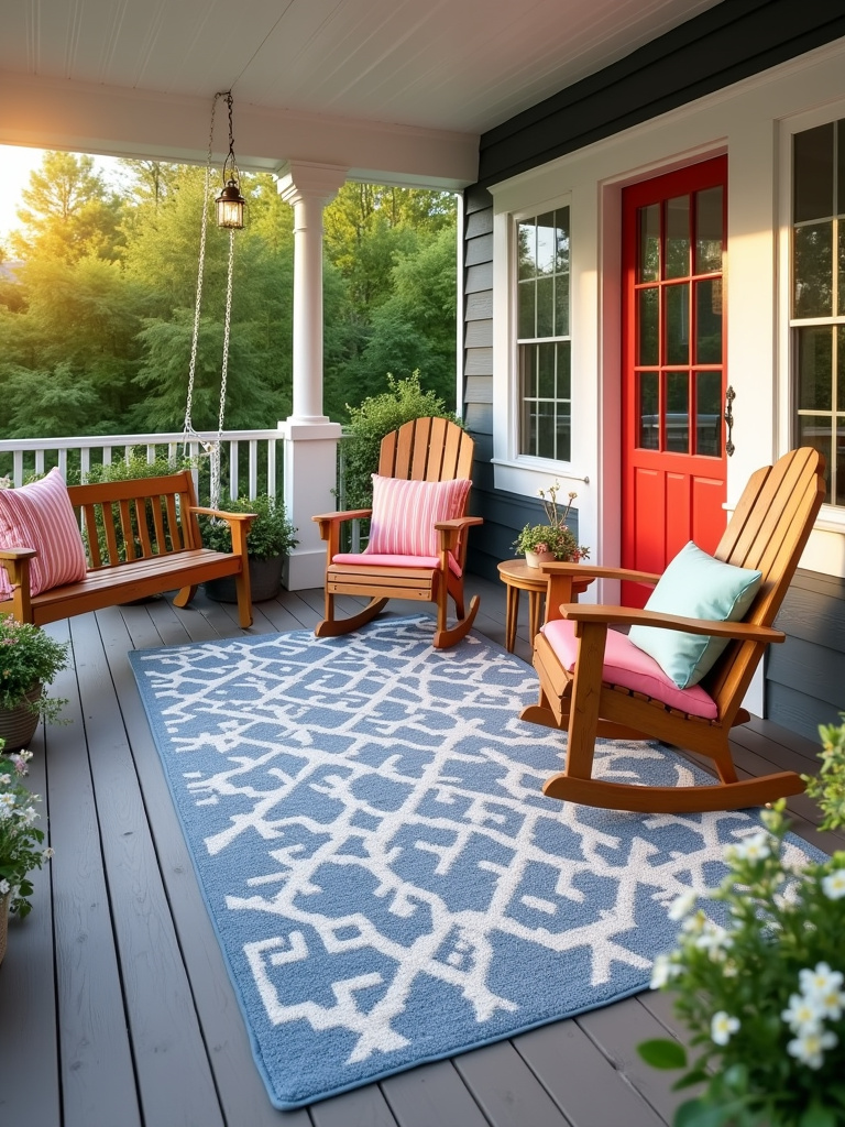 Patterned polypropylene outdoor rug defining a cozy front porch seating area with Adirondack chairs and a porch swing.