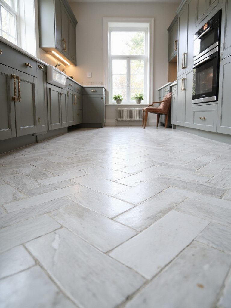 Luxury kitchen featuring honed marble herringbone flooring.