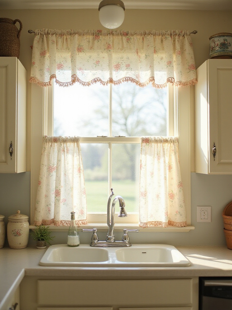 Cottage kitchen with floral print ruffled curtains