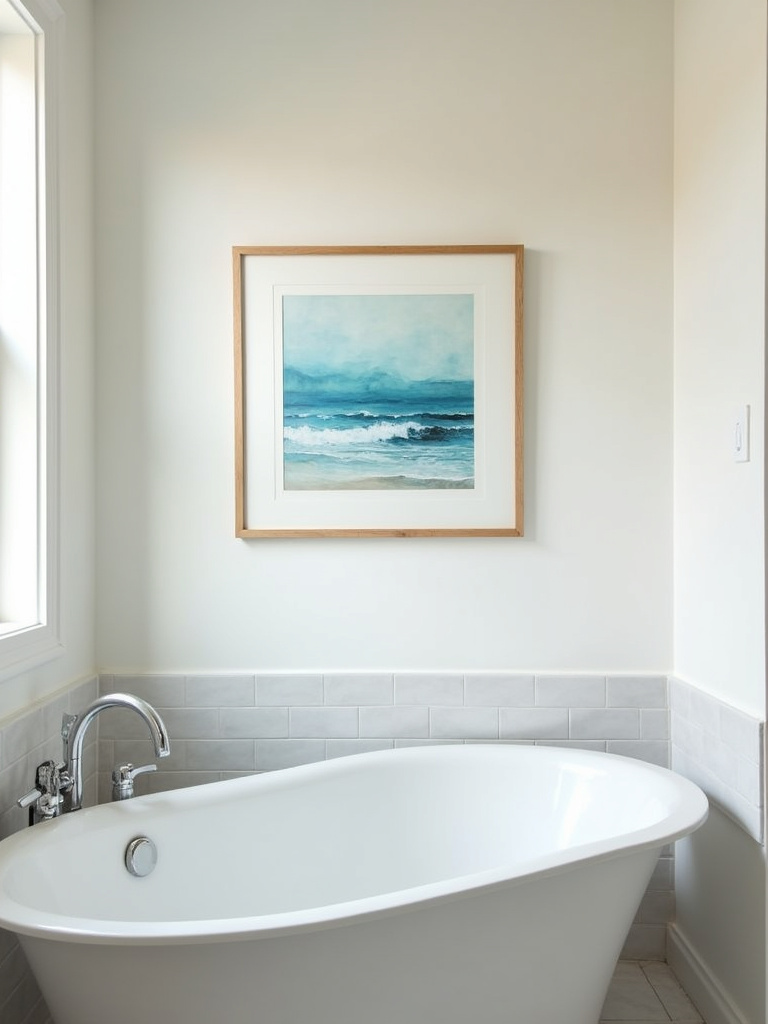 Coastal bathroom artwork featuring a framed seascape painting, enhancing the mood and theme of the space.