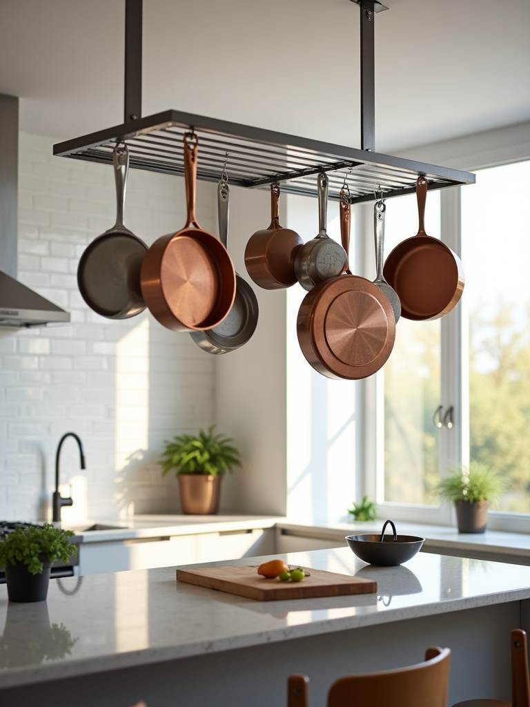 Modern apartment kitchen with stainless steel hanging pot rack above island.