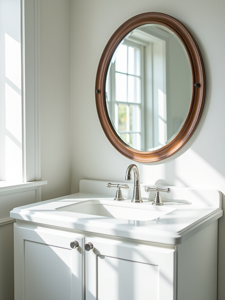 Coastal bathroom with a round mirror above the vanity, mimicking a porthole window and enhancing the nautical theme.