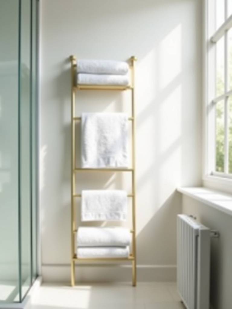 Small bathroom with a space-saving metal towel ladder holding neatly folded towels.
