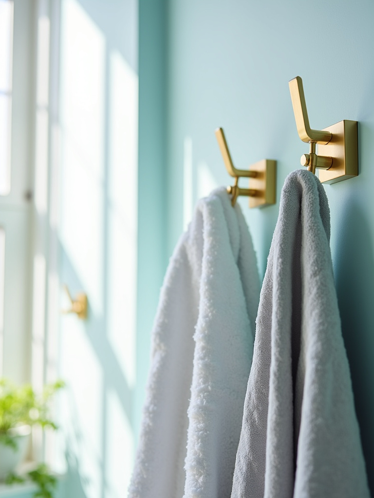 Stylish brushed gold hooks holding towels and a robe in a modern bathroom.