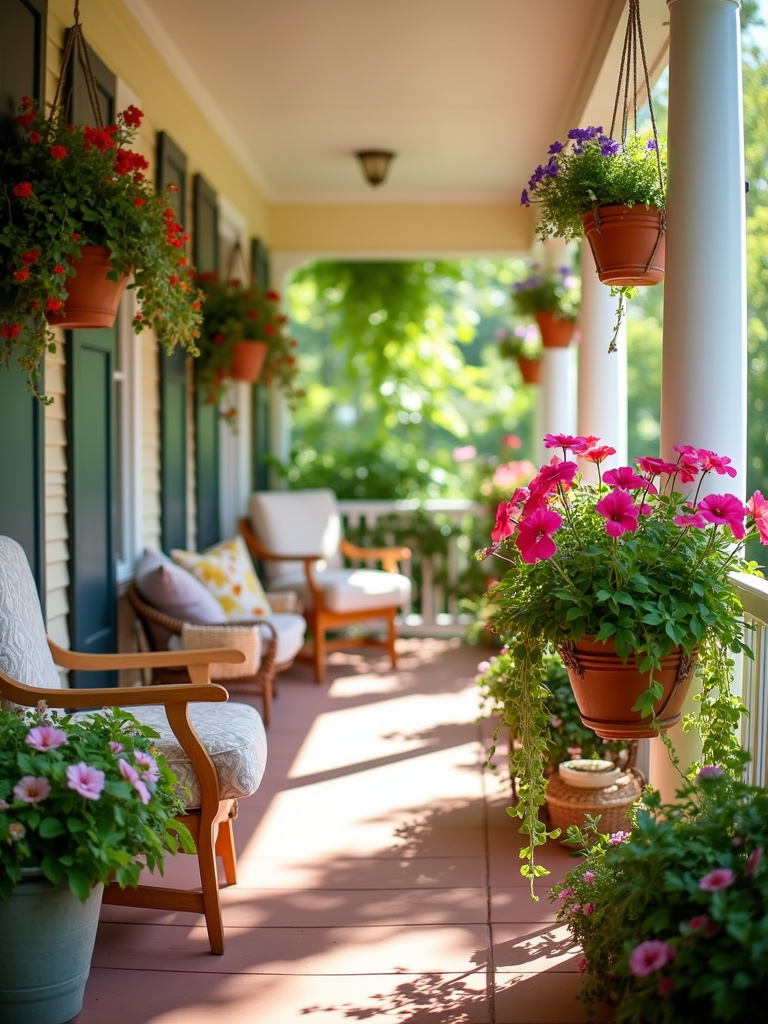 Porch decorated with hanging baskets filled with colorful flowers