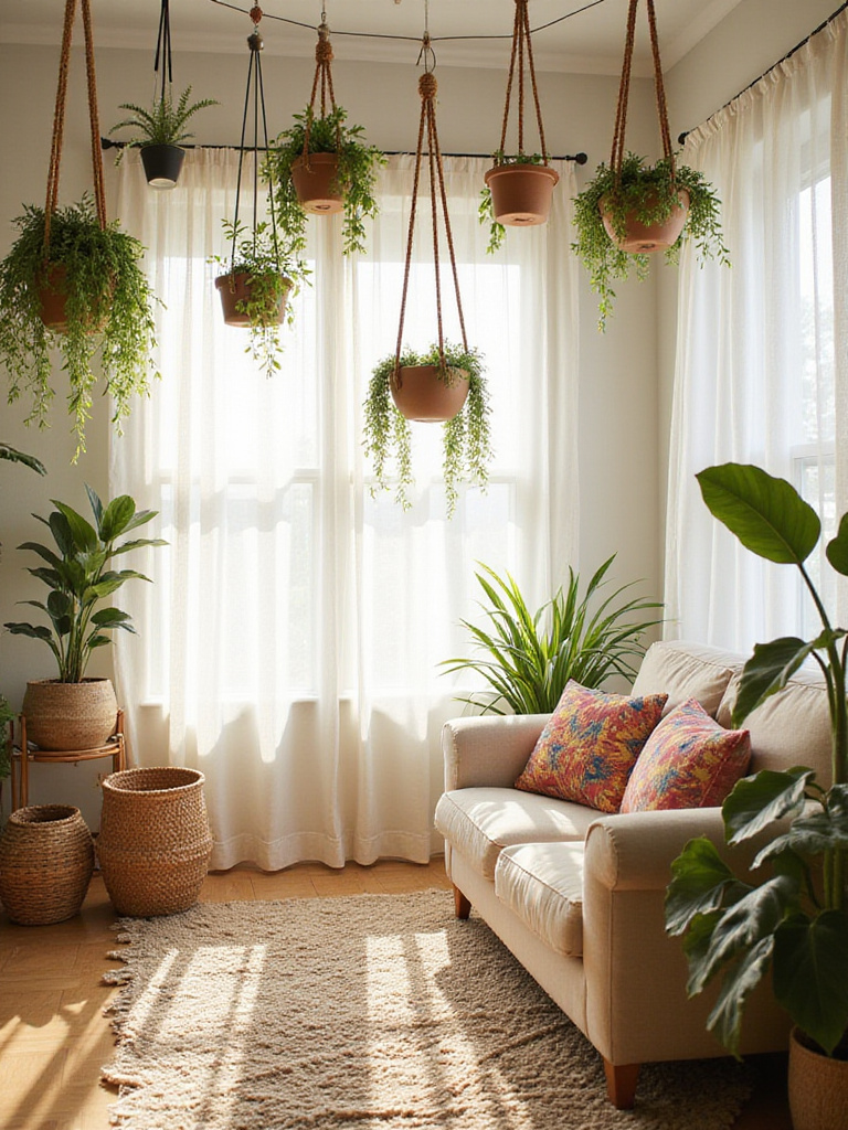 Boho living room with hanging plants in macrame and ceramic planters.