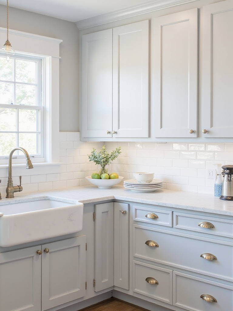 Kitchen cabinets with various hardware styles including stainless steel pulls and antique brass knobs.