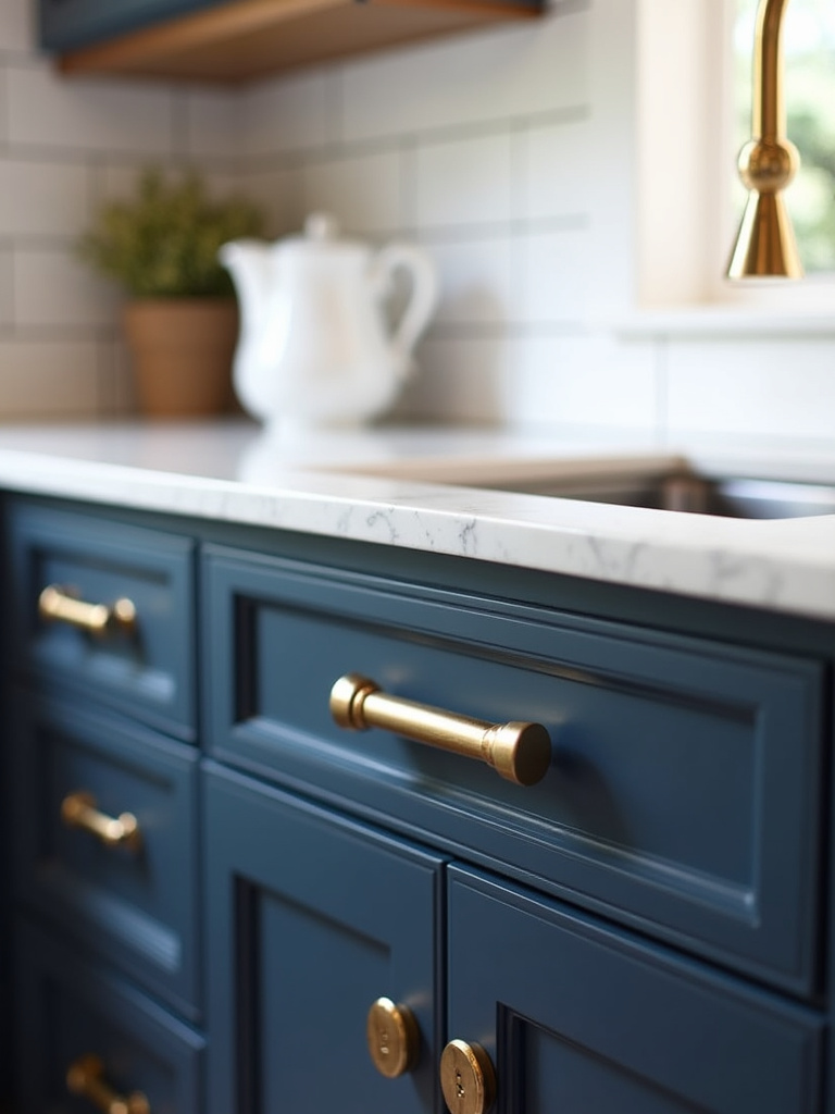 Navy blue kitchen cabinets with brushed gold hardware, showcasing a modern and luxurious design.