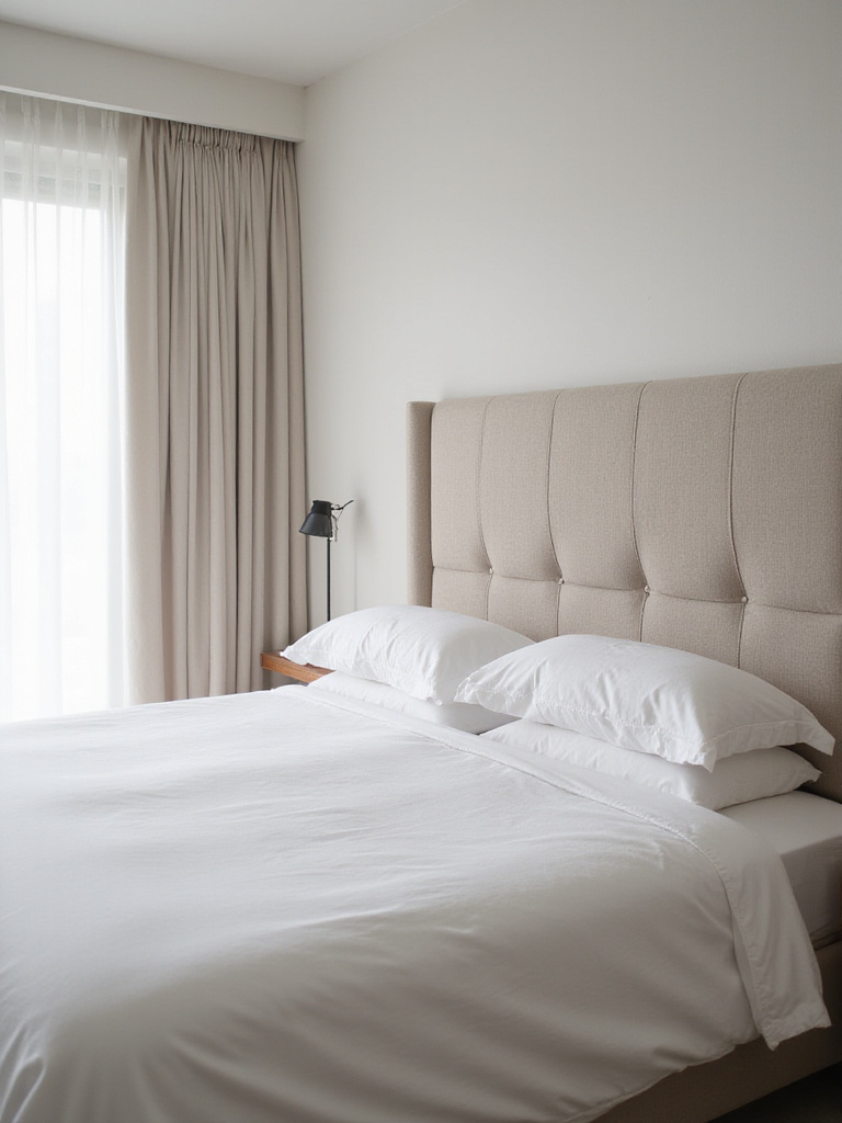 Modern bedroom with a tall upholstered headboard anchoring the design.