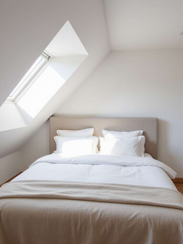 Attic bedroom with low upholstered headboard under sloped ceiling