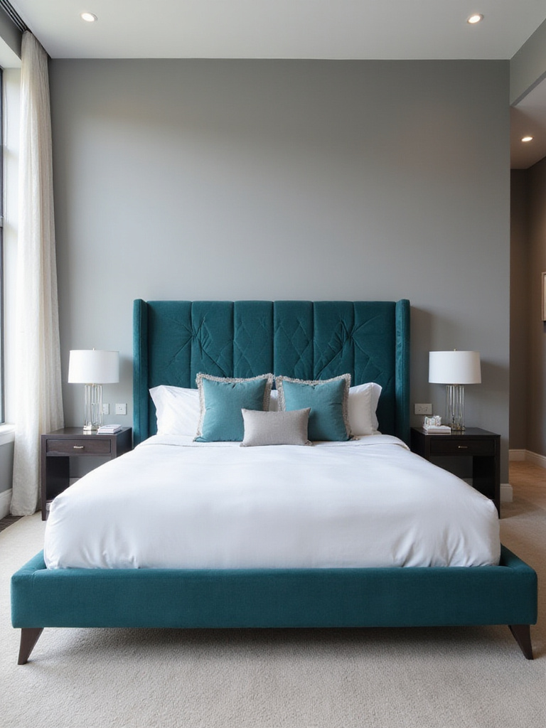 Modern bedroom with oversized teal upholstered headboard as artful backdrop