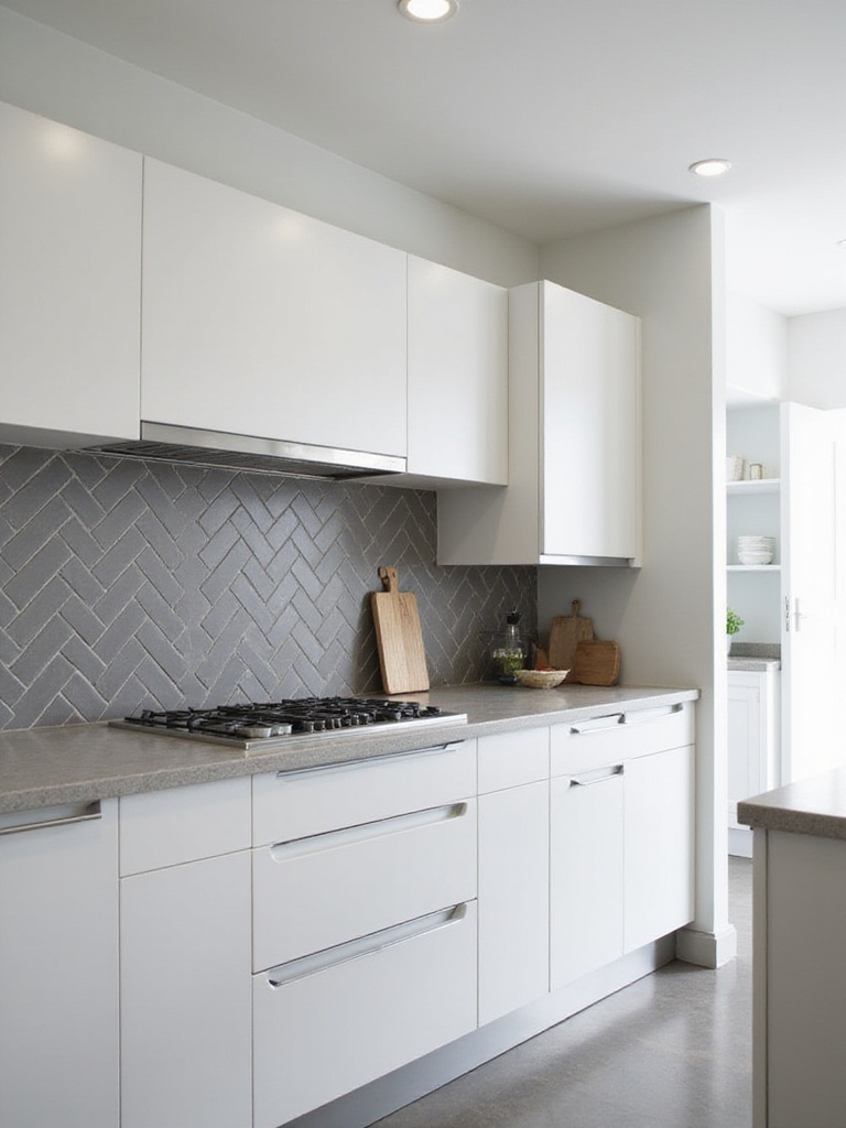 Modern kitchen backsplash featuring a gray herringbone tile pattern