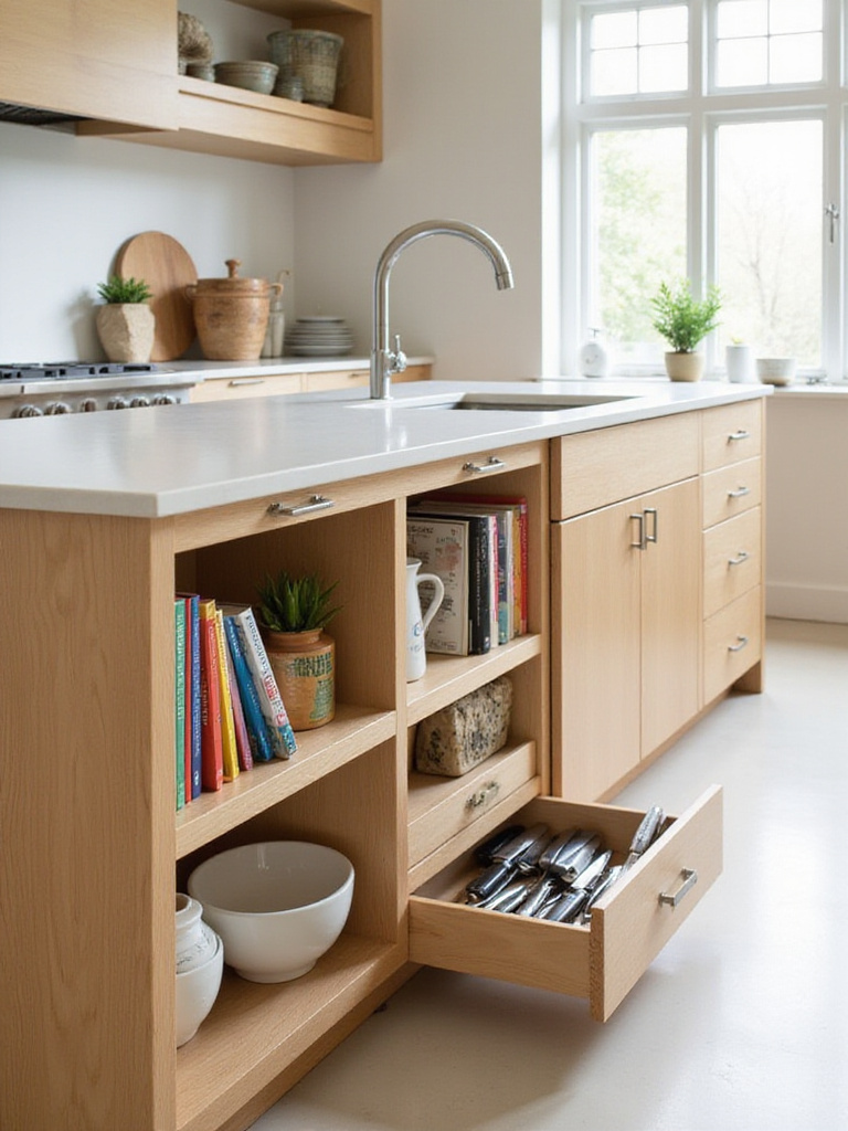 Modern kitchen island featuring open shelving for cookbooks and a knife block drawer for organized storage.