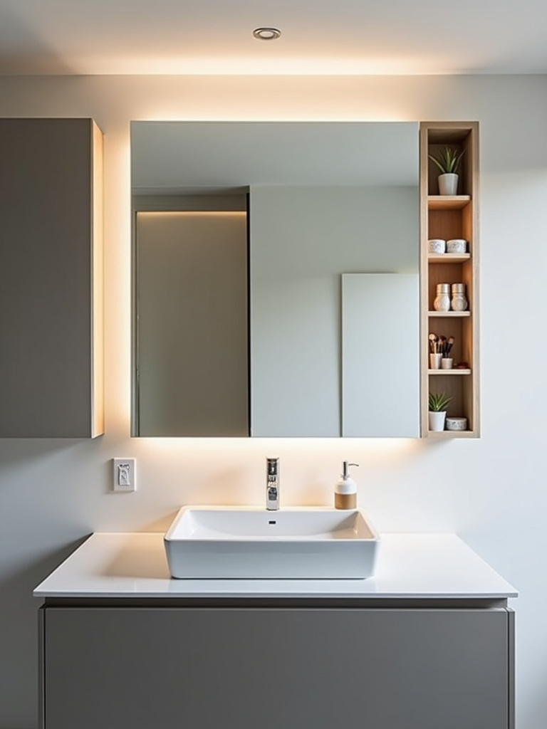 Bathroom mirror with hidden storage compartment open, revealing organized shelves.