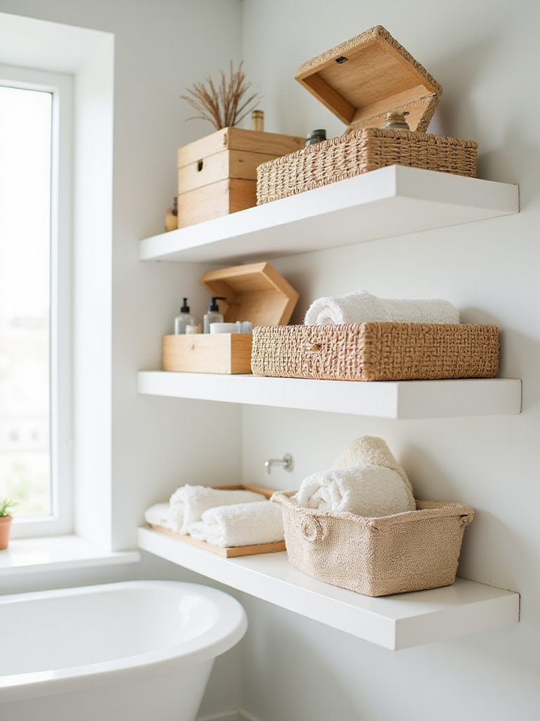 Bathroom shelf decor featuring stylish decorative storage boxes in various materials and sizes.
