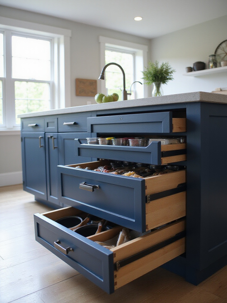 Kitchen island with open drawers showcasing organized spice racks, pot and pan storage, and baking sheet dividers.