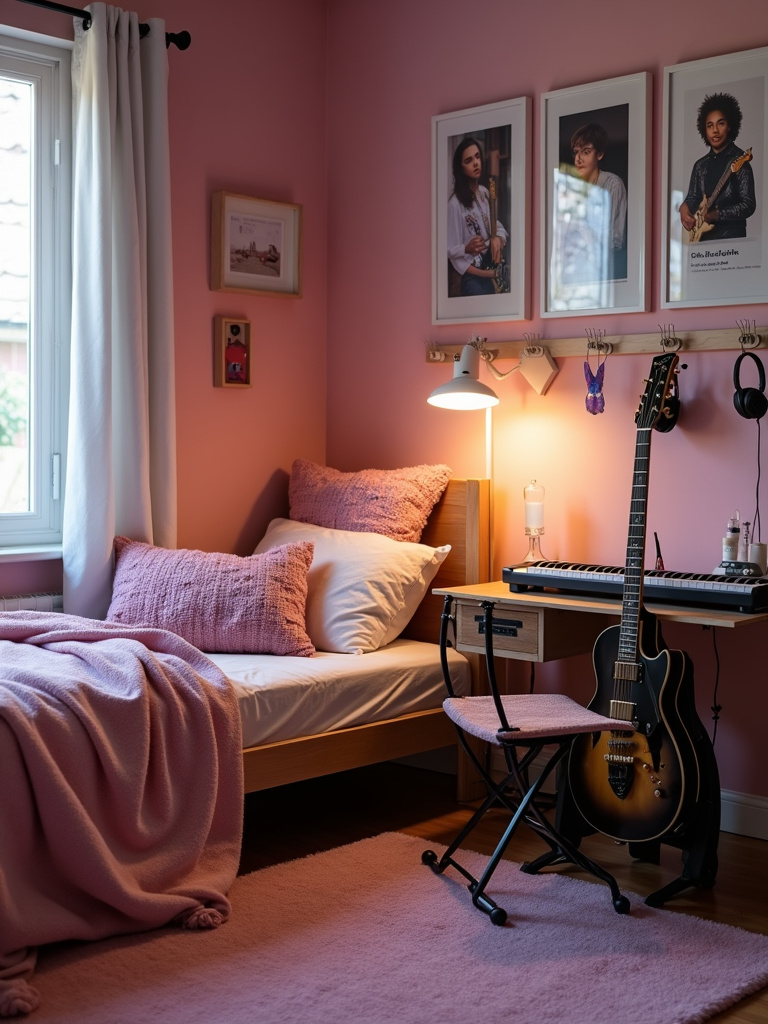 Teen bedroom with a music hobby corner featuring instruments, headphones, and posters.