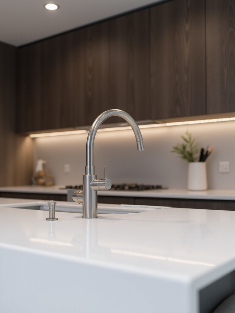 Modern luxury kitchen featuring a sleek stainless steel touchless faucet on a white quartz countertop.