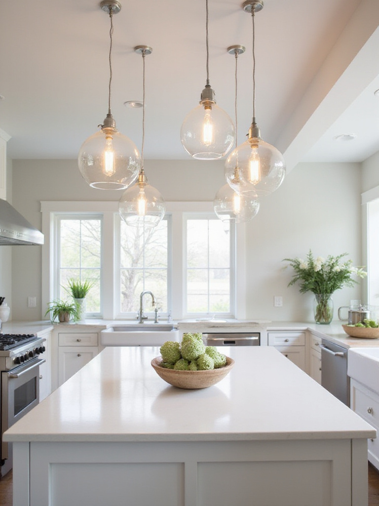Kitchen island with three glass globe pendant lights.