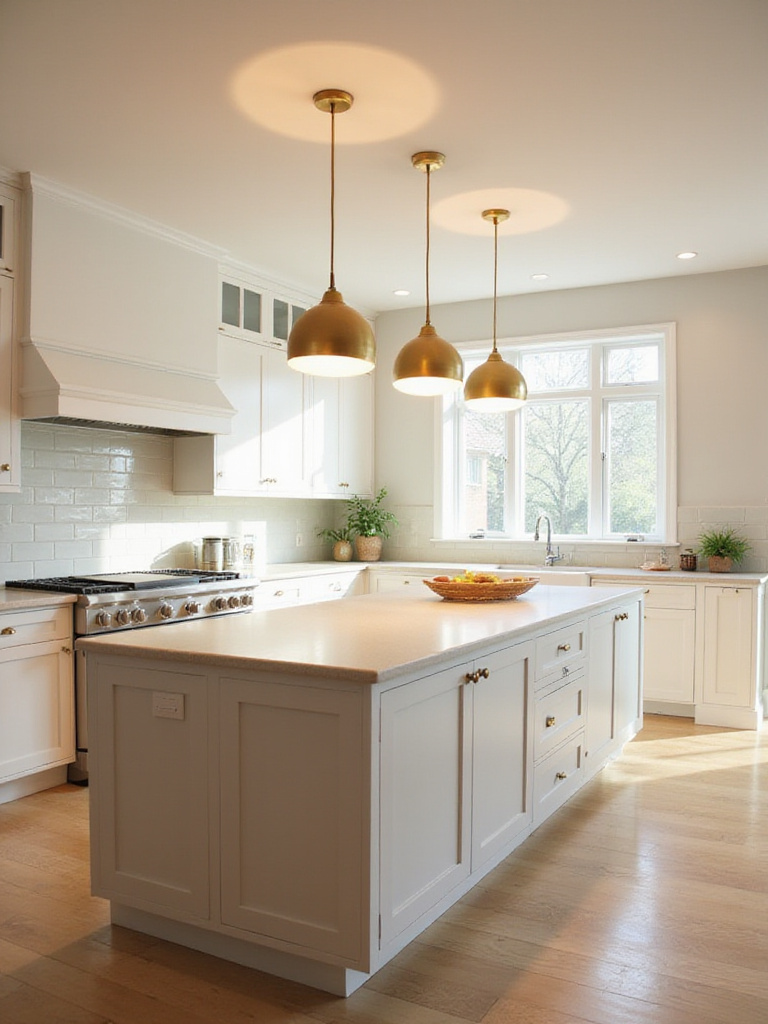Modern kitchen island with three brushed gold pendant lights and white cabinets