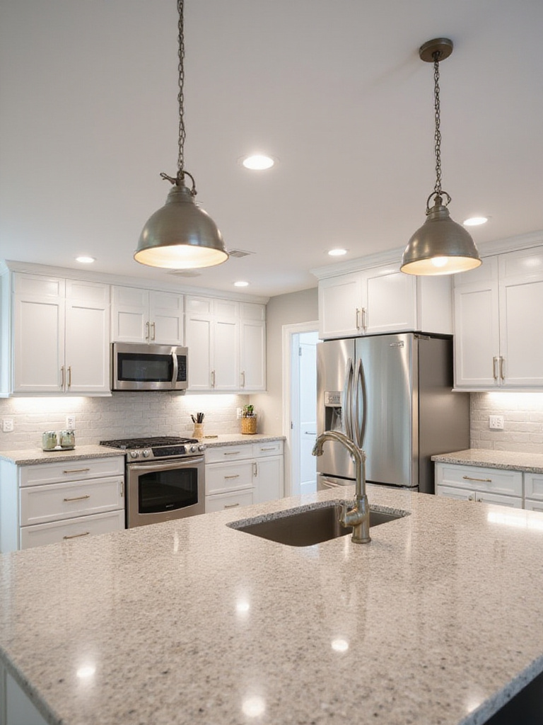 Bright modern kitchen with recessed, pendant, and under-cabinet lighting.