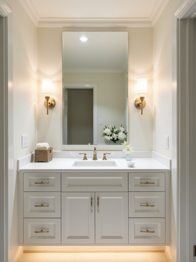 Modern bathroom with layered lighting including sconces, recessed lights, and under-cabinet LED strips.