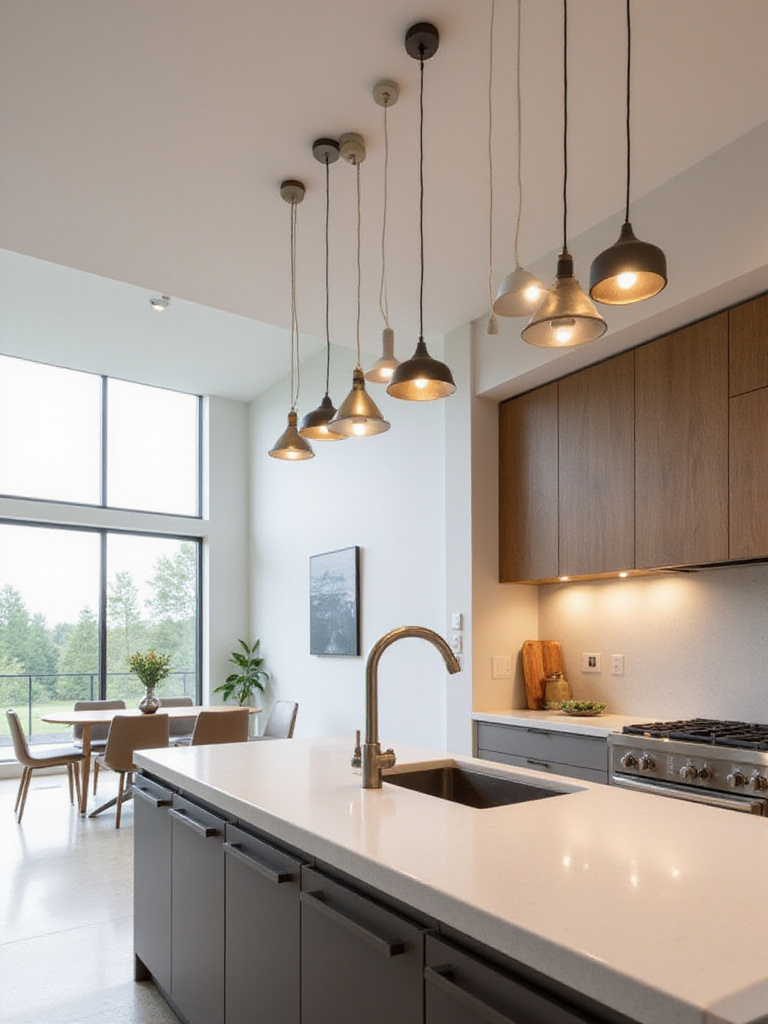 Contemporary kitchen with brushed metal pendant lights above island