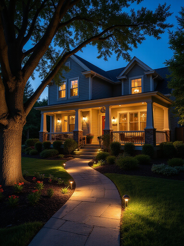Beautiful front yard illuminated with strategic landscape lighting at dusk.
